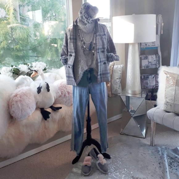 NWOT Simons Icone double breast blue, white, red black plaid houndstooth blazer - Picture 2 of 6